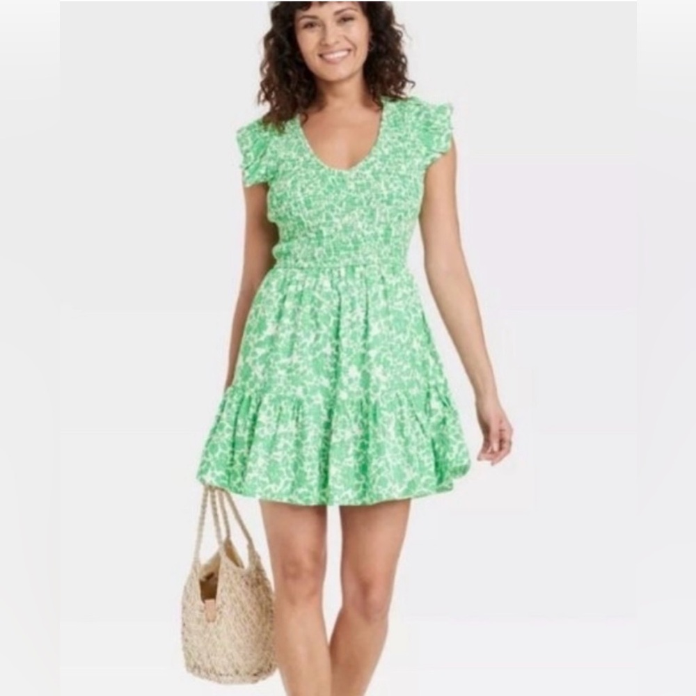 Universal Thread Light Green Floral Smocked Tiered Mini Dress